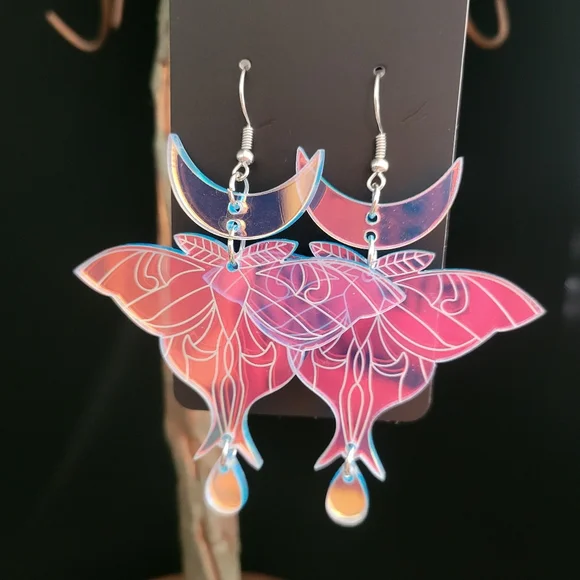 2/$20 Resin Iridescent Moon Moth Earrings - Picture 1 of 4